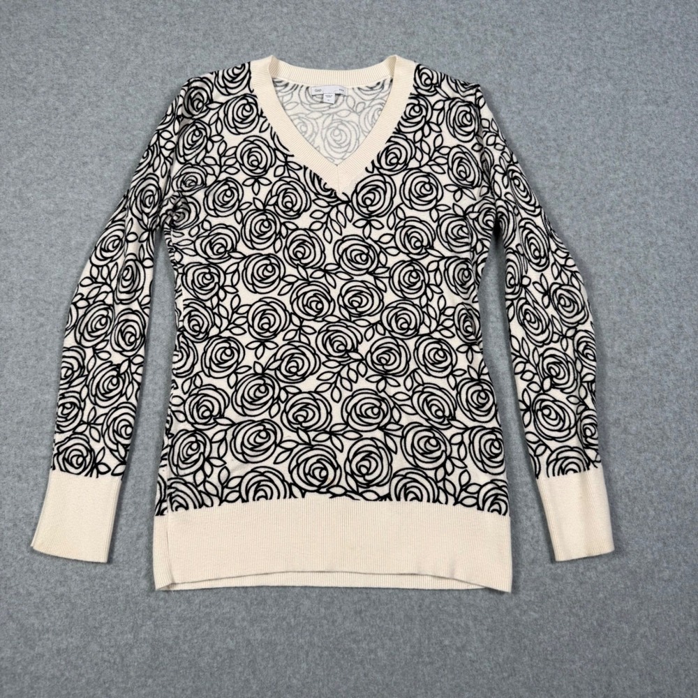 Gap Womens V-Neck Sweater Medium Cream Black Rose Floral Cotton Blend Knit